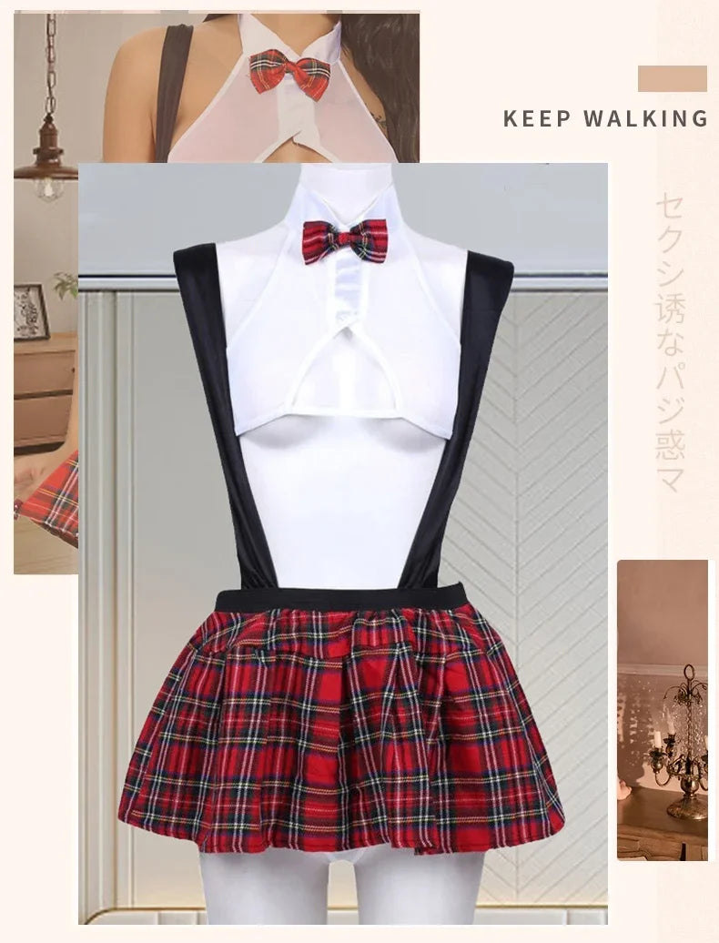Toucheart Sexy Uniform Temptation Jumpsuit For Women Cosplay Mesh Plaid Perspective JK Sex Suit Mesh Patchwork Uniform Set New