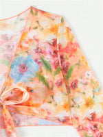 4 Piece Bikini Set Women Orange Floral Print Long Sleeve Mesh Cover Up Ruffle Skirt Swimsuit 2024 Sexy Bathing Suit Swimwear