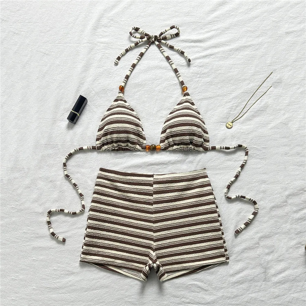 Sexy Striped Print Triangle Bikini with Shorts Halter Bead String Swimsuit Woman 2026 Swimwear Brazilian Bikinis Sets Femmes
