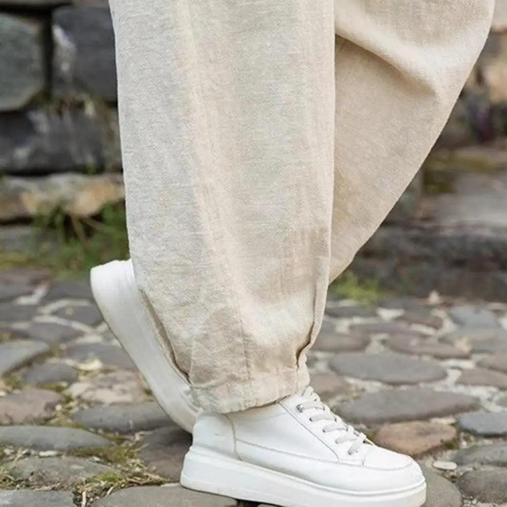 Solid Color Harem Trousers Women Casual Pants Elastic Waist Adjustable Drawstring Solid Color Wide Leg Trousers
