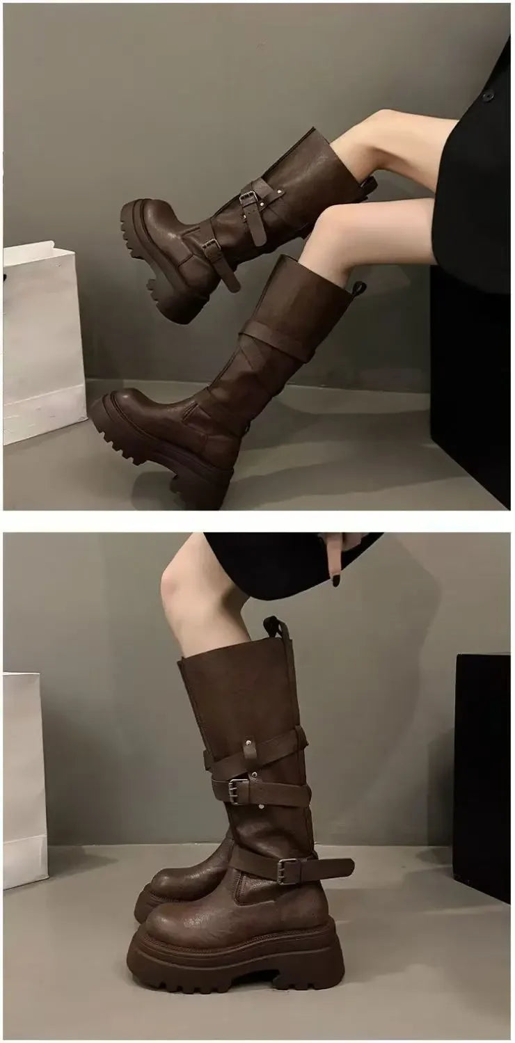 2026 New Vintage Thick Bottom Woman Knee High Boots Fashion Belt Buckle Zippers Shoes Female Knight Long Booties Shoes