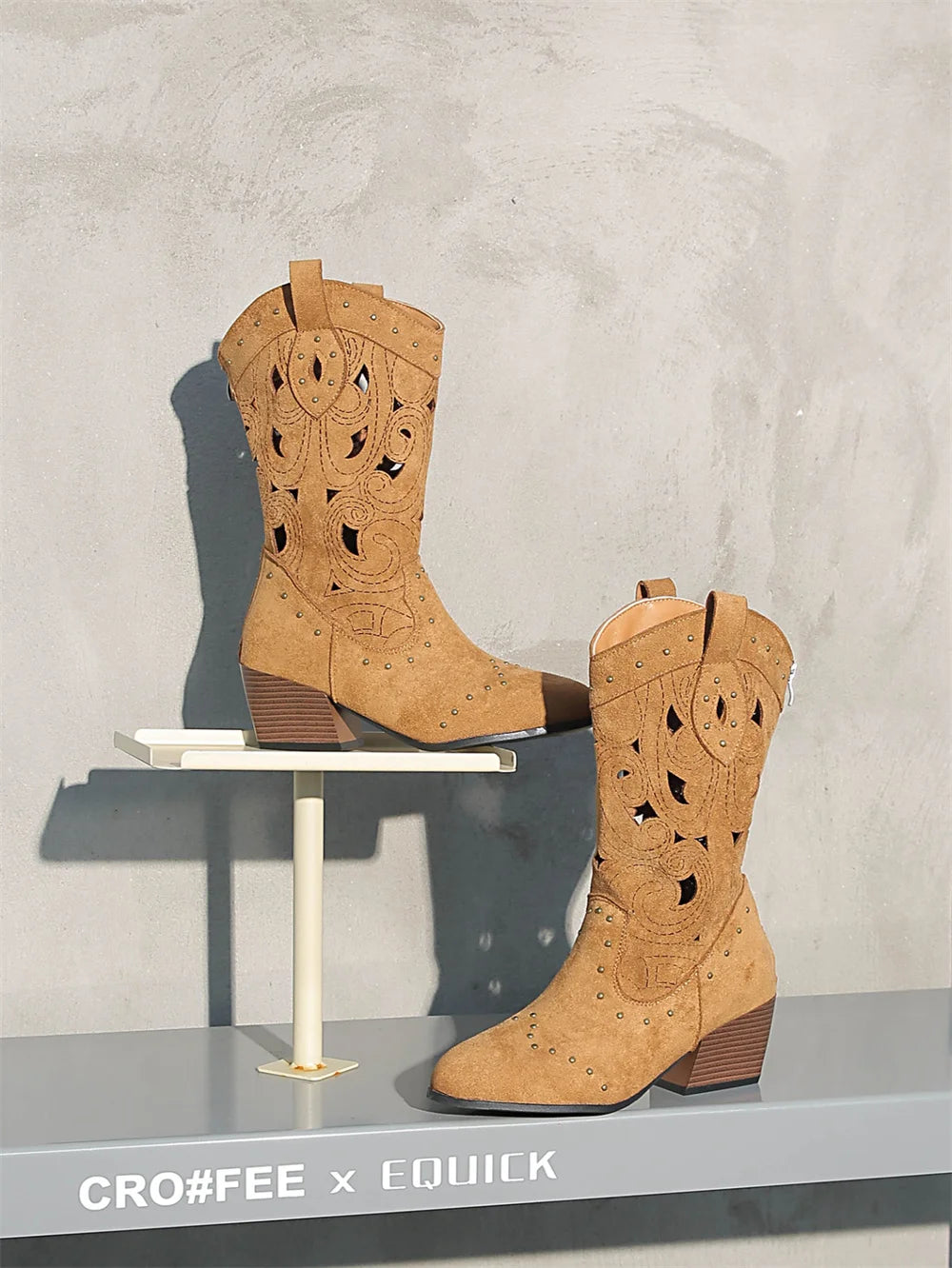 Big Size 43 Women's Wasteland Western Cutout Vegan Suede Cowboy Boots with Rivets 6cm Block Heel Summer Mid-Calf Boots Shoes