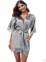 Women's Satin Robe Lace Trim Short Sleeve Belted Bathrobe Lightweight Silky Sleepwear for Home Bridal Nightwear