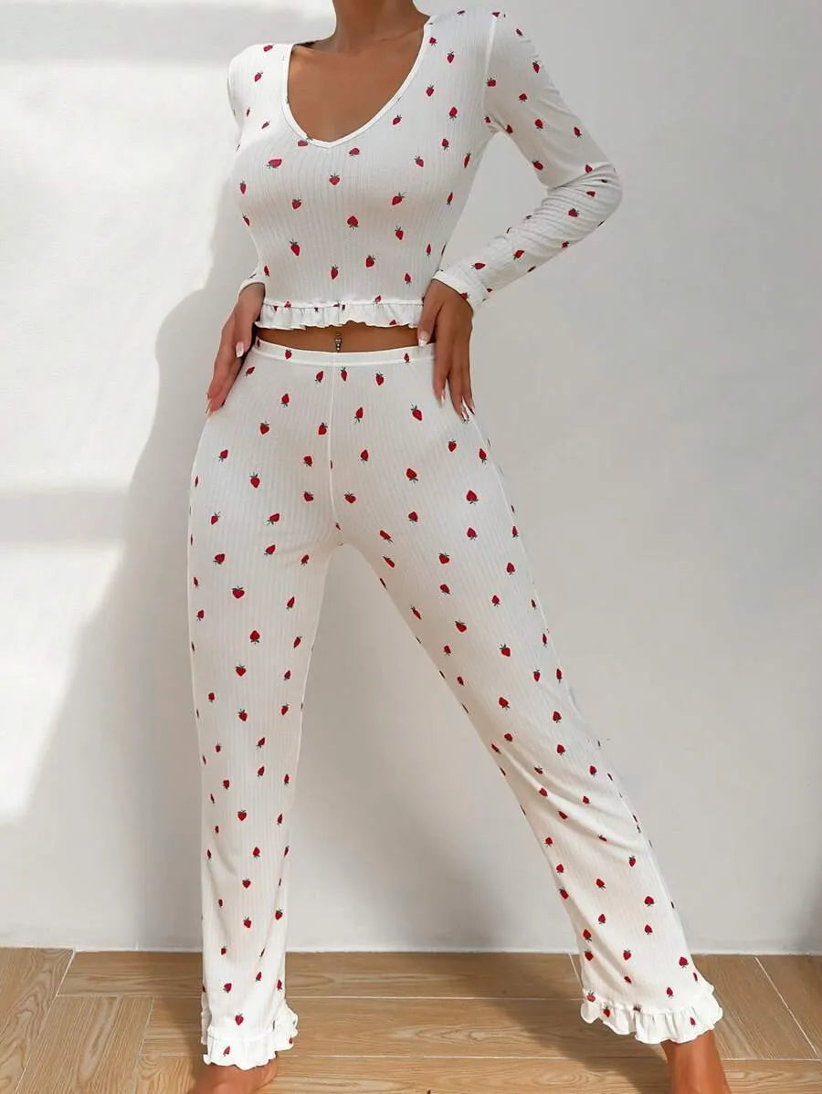 Autumn Winter Sleepwear Woman Pajamas Set for Sleeping Strawberry Printed Tops and Trousers Sets Home Clothes Loungewear