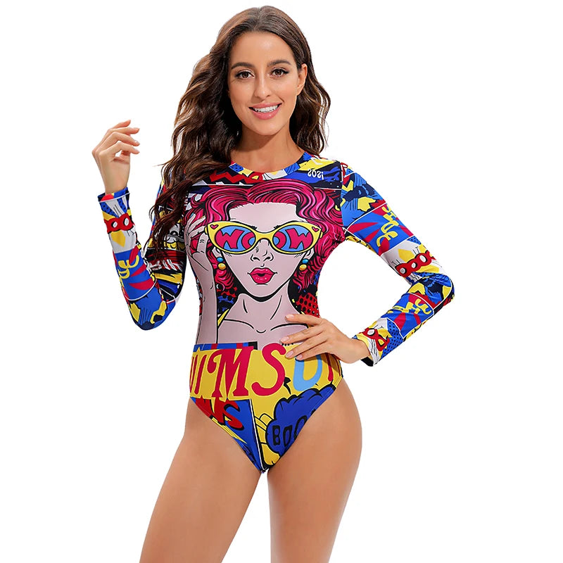 Long Sleeve Swimwear 2024 Surfing Bathing Suit Women Backless Print One Piece Swimsuit Retro Rashguard Monikini Bodysuit