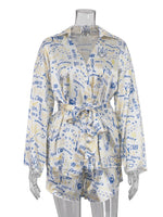 Marthaqiqi Fashion Ladies Nightgowns Suit Turn-Down Collar Robe Lace Up Pajama Long Sleeve Sleepwear Shorts Printing Nightie Set