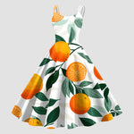 Vintage Fruit Print Dress For Women Elegant High Waist A Line Swing Dress Rockabilly 60s 50s Retro Spaghetti Strap Maxi Robe