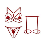 5 Colors Women Black Lace Lingerie Set Strappy Bra Panty Garter Belt Pearl Chain Rose Applique Adjustable Harness Nightwear
