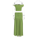 Summer Skirt Set Women Metal Flower Sexy Off Shoulder Slim Crop Top High Slit Skirt Sets Fashion Backless Pleated 2 Piece Suits
