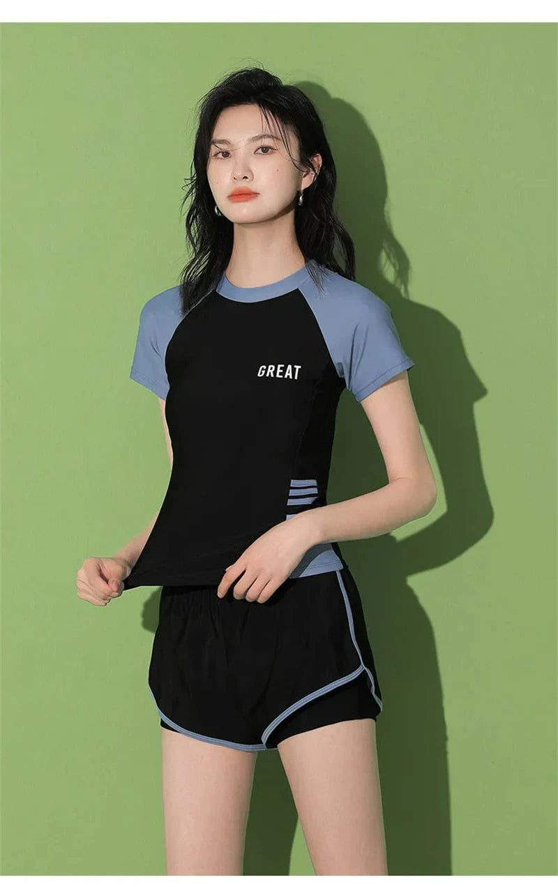 Fashion Women's Swimming Suit Ladies Patchwork Short Sleeve Swimwear Sports Pool Beachwear Two Piece Swimsuit With Shorts