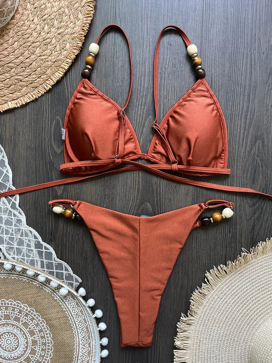 2026 Beads Cross Bandage Bikini Women Swimwear Female Swimsuit Two-pieces Bikini Set Brazilian Bathing Suit Swim Lady Beachwear
