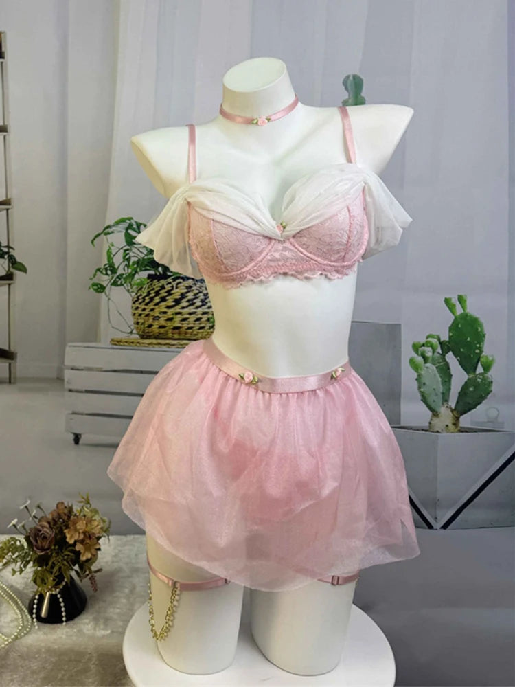Fairy Sexy Lingerie Lace Bra Mini Skirt G-strings 5 Pieces Women's Underwear Fantasy Lingerie Set Romantic Mesh Erotic Lingerie