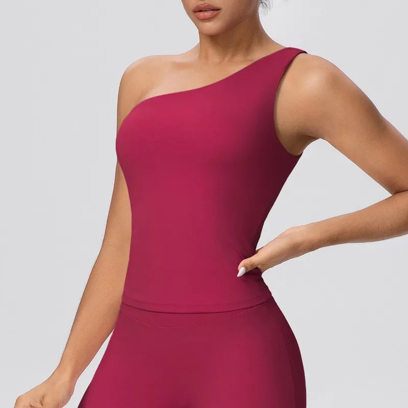 Women Seamless Cloud Feel One-Shoulder Waist-Cinching Yoga Vest Quick-Dry Slimming Sports Shaping Underwear Running Fitness Top