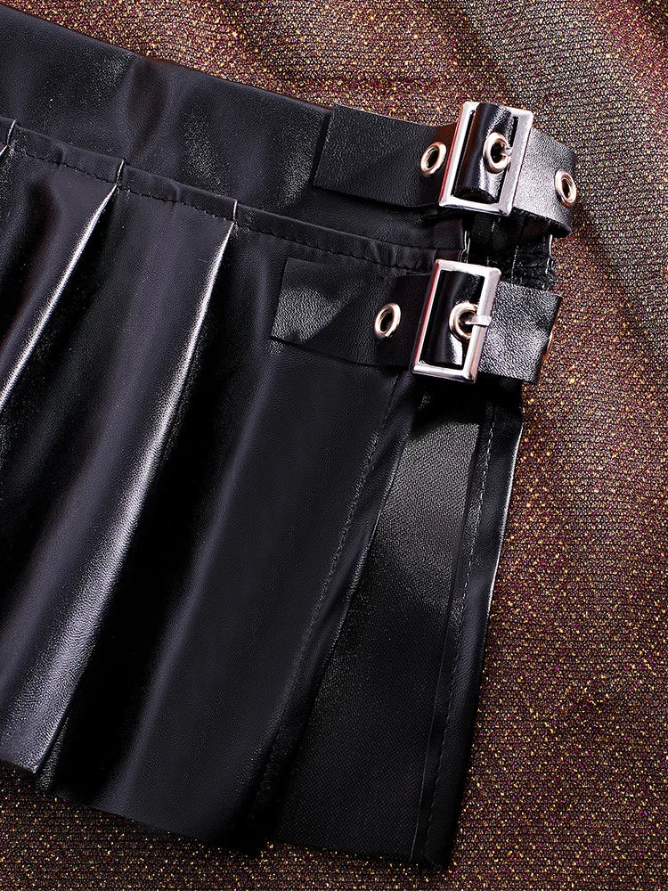 Sexy PU Leather Pleated Skirt Women Solid Basic Mini Skirt Low Waist Skirt Female Nightwear Micro Bikini Skirts Nightclub Skirts
