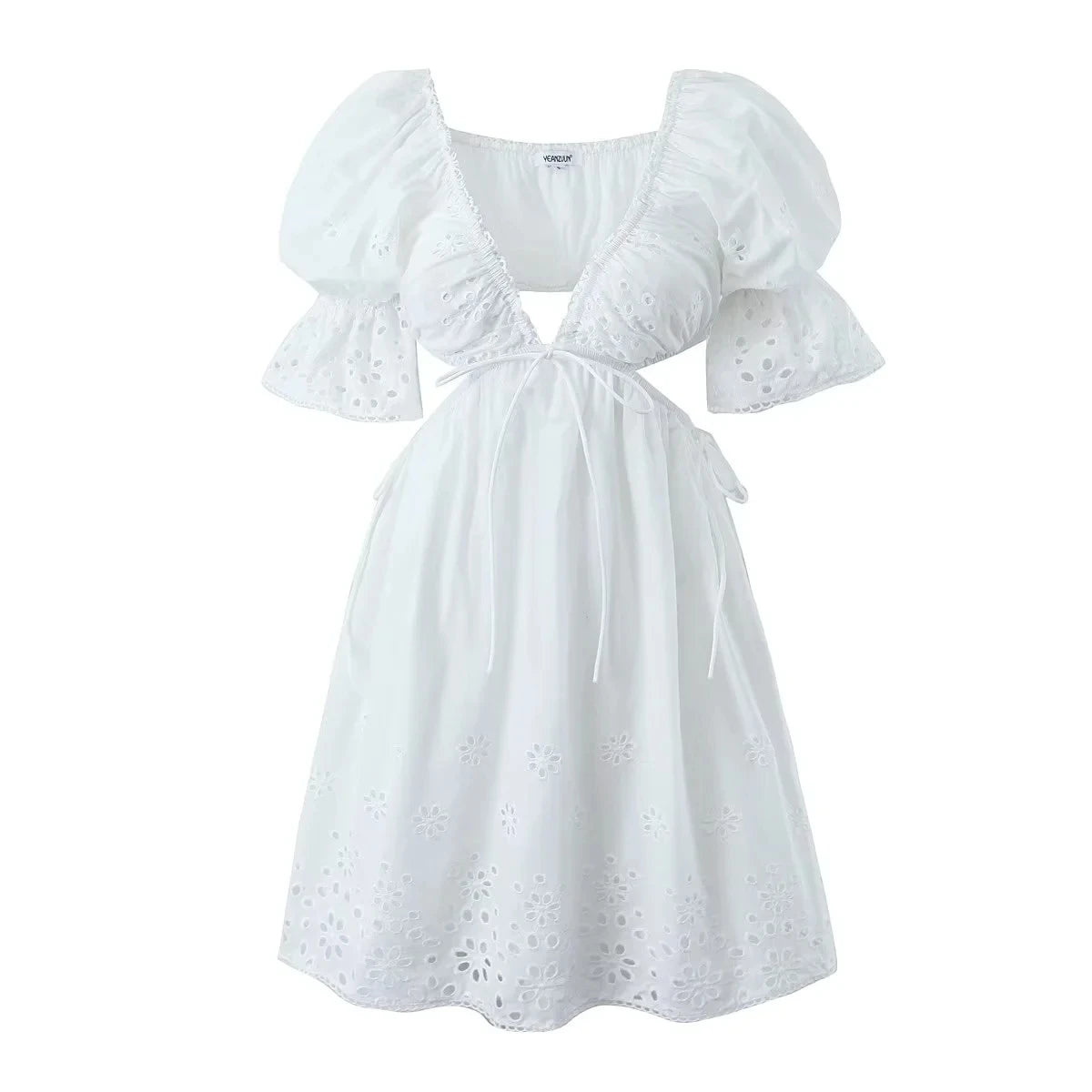 Foridol Lace Summer White Dress Women Puff Sleeve Embriodery Waist Cut Out Beach Short Sexy Cotton Dress Backless 2025 Sundress