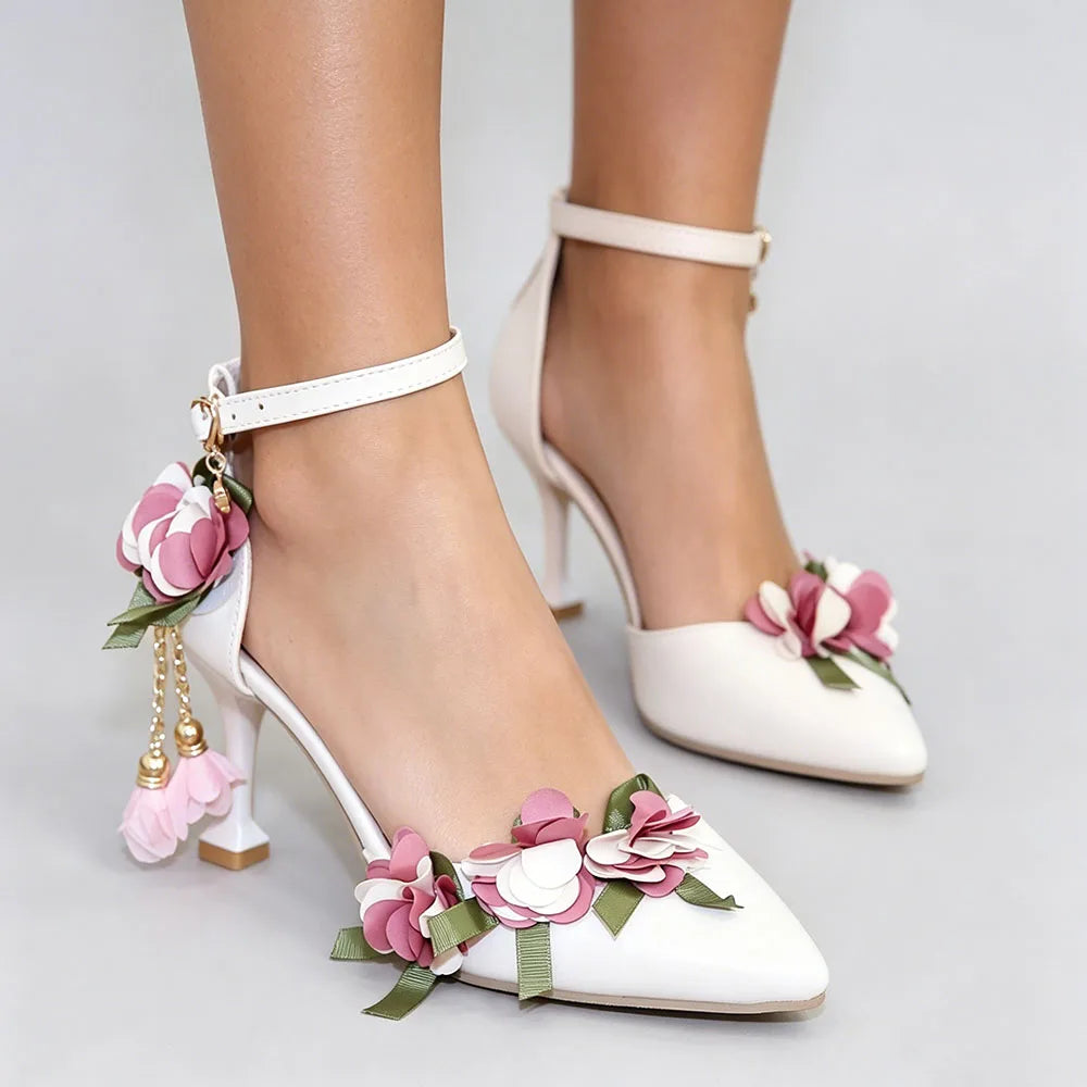 Small Big Size 32-46 Women's Elegant Pink Flowers High Heels Sandals Summer Sexy Pointy Toe Party White Wedding Sandals Shoes