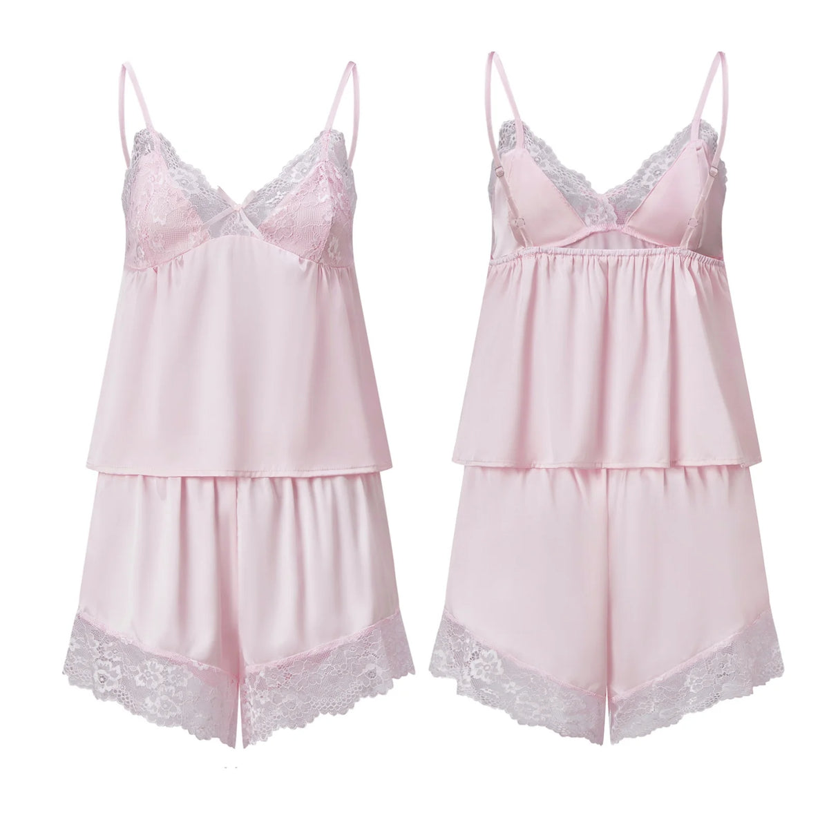 Women Satin Lace Trim Pajamas Sets Spaghetti Strap Camisole Tops and Shorts 2 Piece Set Loose Casual Lounge Wear Summer