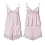 Women Satin Lace Trim Pajamas Sets Spaghetti Strap Camisole Tops and Shorts 2 Piece Set Loose Casual Lounge Wear Summer