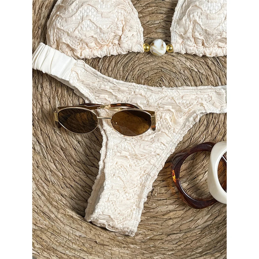 2026 Wrinkled Crinkled Halter Bikini Women Swimwear Female Swimsuit Two-pieces Bikini set Padded Bather Bathing Suit Swim V8135