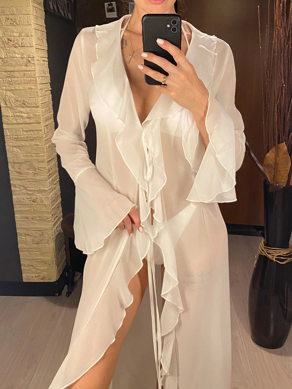 New Sexy V Neck Ruffled Long Sleeve Chiffon Tunic Beach Cover Up Cover-ups Beach Dress Beach Wear Beachwear Female Women V5976