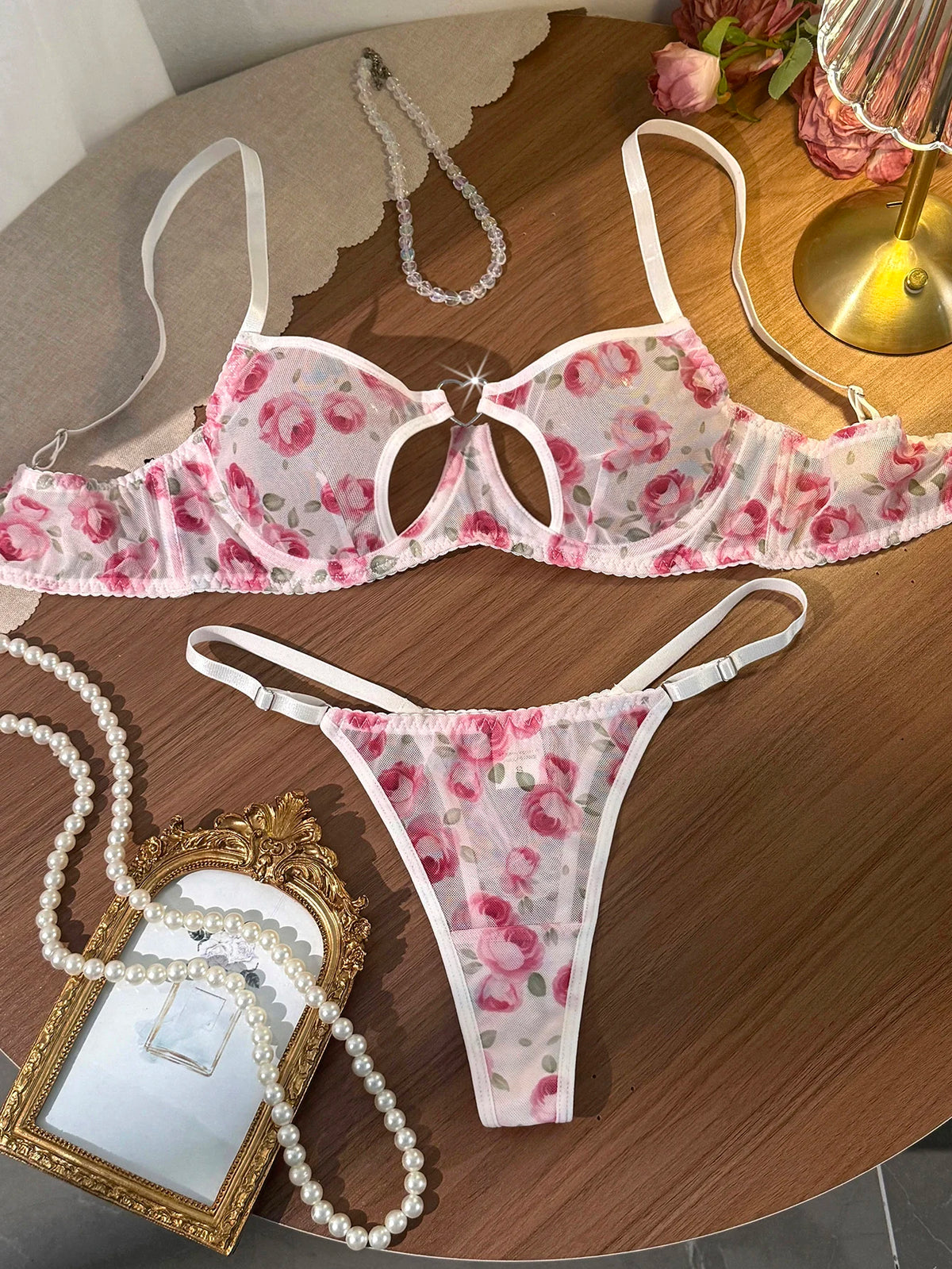 French Romantic Pink Rose Print Sheer Mesh Lingerie Set Heart Cutout Underwire Bra & Thong