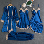 2025 Luxury Satin Pajama Set 5 Pcs Women's Silky Sleepwear Lace Trim Robe Nightgown Cami Shorts Pants Elegant Loungewear New Hot