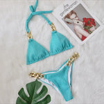 9 Colors Sexy Bikini Women Shining Fabric Golden Rhinestone Chain Swimwear Swimsuit Solid Halter Bikinis Set Bathing Suit Female