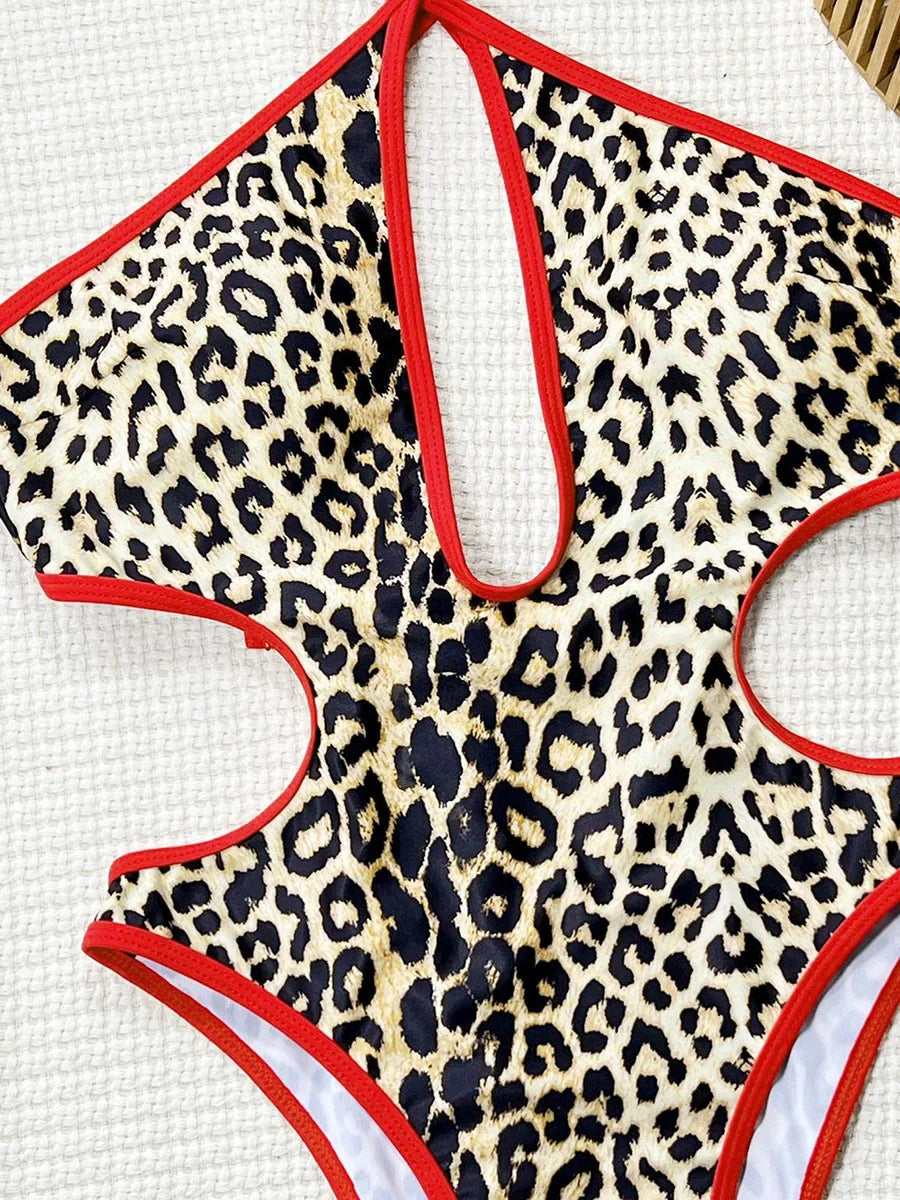 Splicing Leopard Hollow Out Women Swimwear One Piece Swimsuit Female Backless Monokini High Leg Cut Bathing Suit Swim Bodysuit