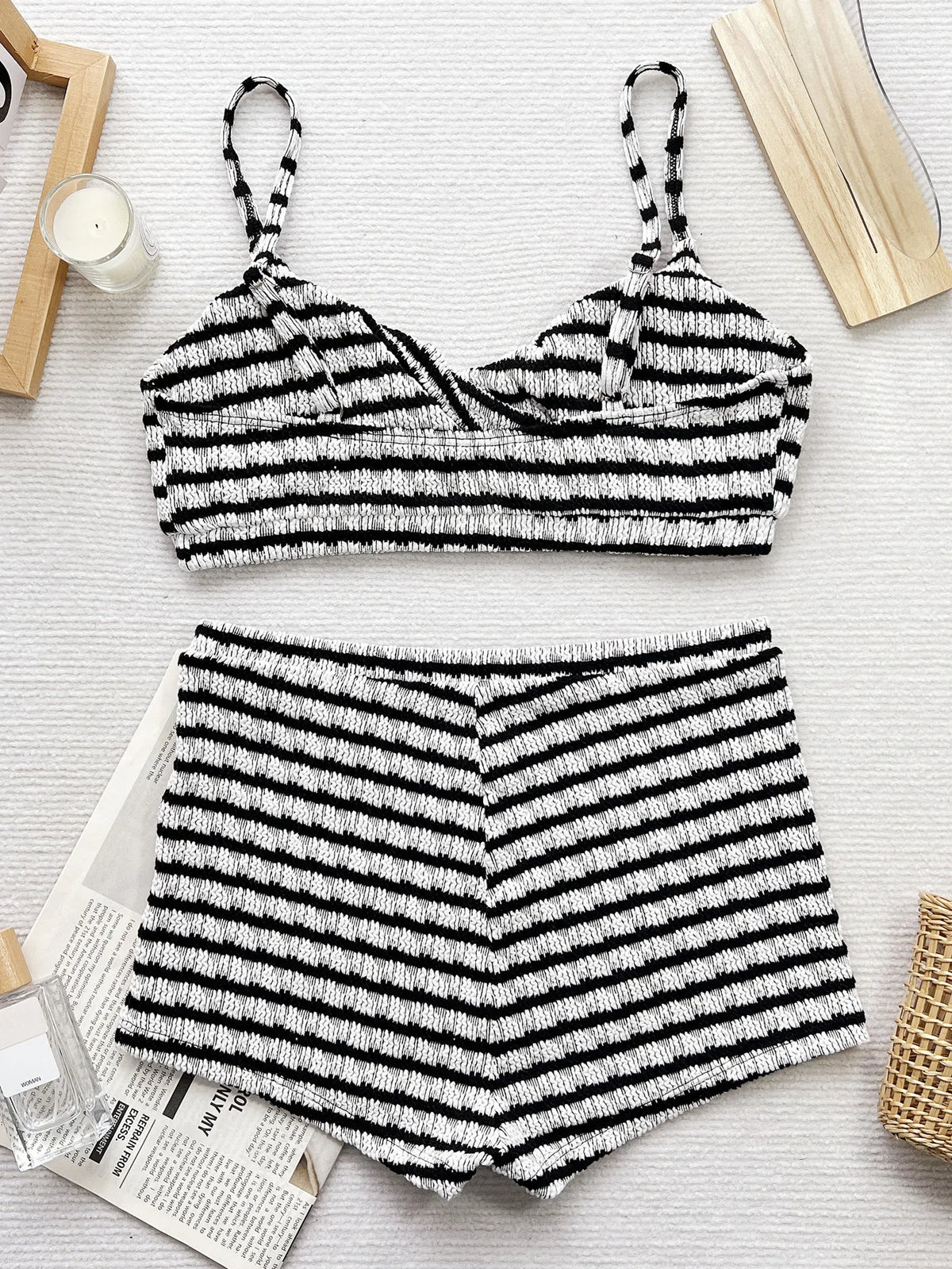 DEKA Sexy Black White Striped Bikinis Set Two Pieces Women Back Tie High Waist Swimsuit Female Bathing Suit Swimwear Biquini
