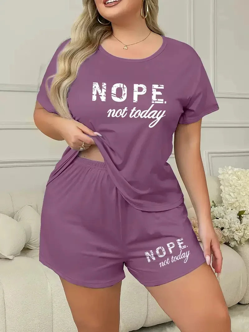 Plus Size 3XL 4XL 5XL Casual Loungewear Letters Print Pajamas Set Women's Short Sleeve Tee And Elastic Shorts Homewear
