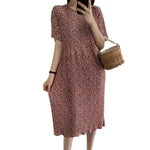 Summer Women Dress Small Flower Print Crew Neck Loose Short Sleeves Pleated Dating Shopping Midi Dress Mid-calf Length Pullover