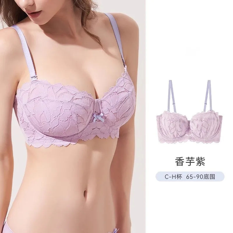 Full Bust French Lace Bralette Wireless Support for Women Plus Size Full Coverage T-Shirt Bra Anti Sagging Comfort MOYISU Sexy