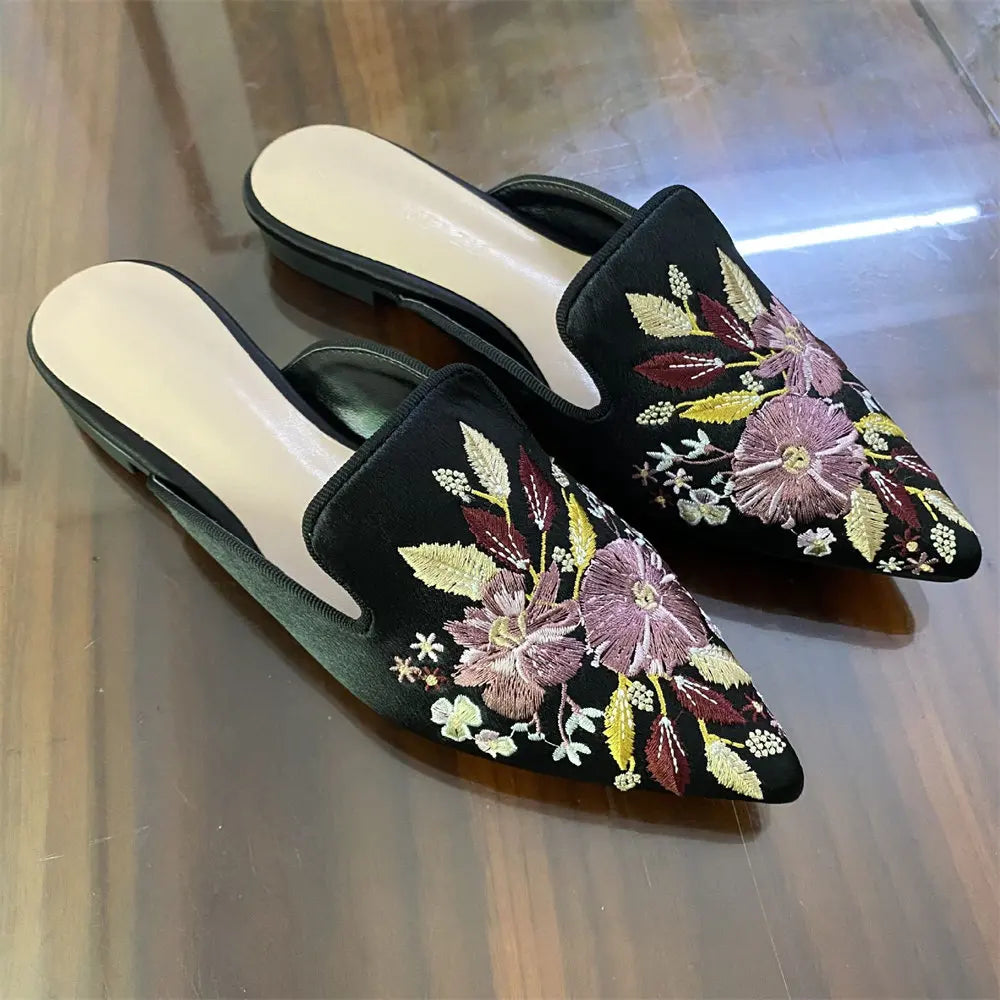 2026 Big Size 43 Summer Women's Blue Mules Slipper Sandals with Silk Flowers Embroidery Comfy Walking Slide Flat Satin Shoes