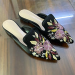2026 Big Size 43 Summer Women's Blue Mules Slipper Sandals with Silk Flowers Embroidery Comfy Walking Slide Flat Satin Shoes