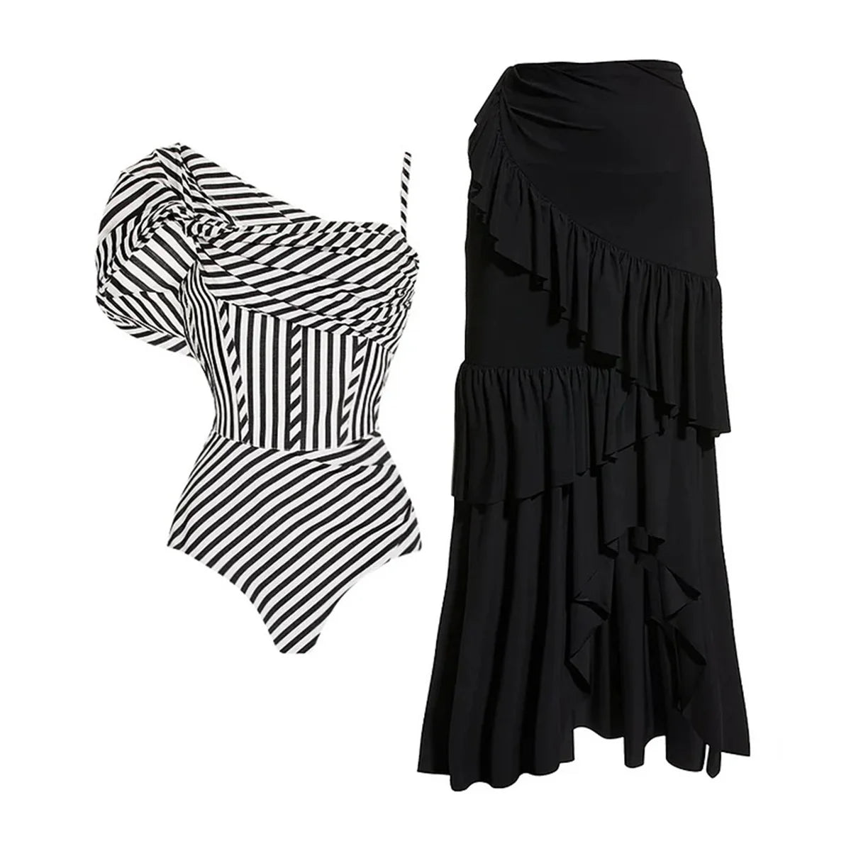 New 2Pcs Black Hollow Swimsuit Women Sexy Swimwear With Midi Skirt Push Up Bikini Female Biquini Bathingsuit Bodysuit Beachwear