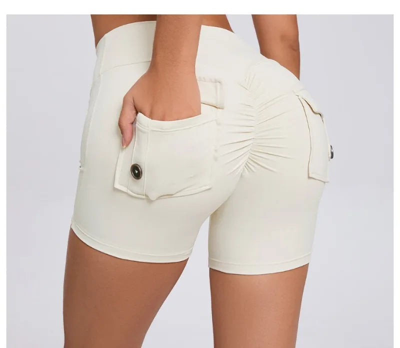 Women's Peach Lifting Yoga Shorts - High Waisted Stretchy Workout Shorts with Button Quick-Dry Tummy Control for Running Fitness