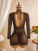 DEKA Sexy Hollow Out Long Sleeve Bikini Set Coffee Mesh Cover Up 3 Piece Swimsuit 2026 Women Push Up Bathing Suit Thong Swimwear