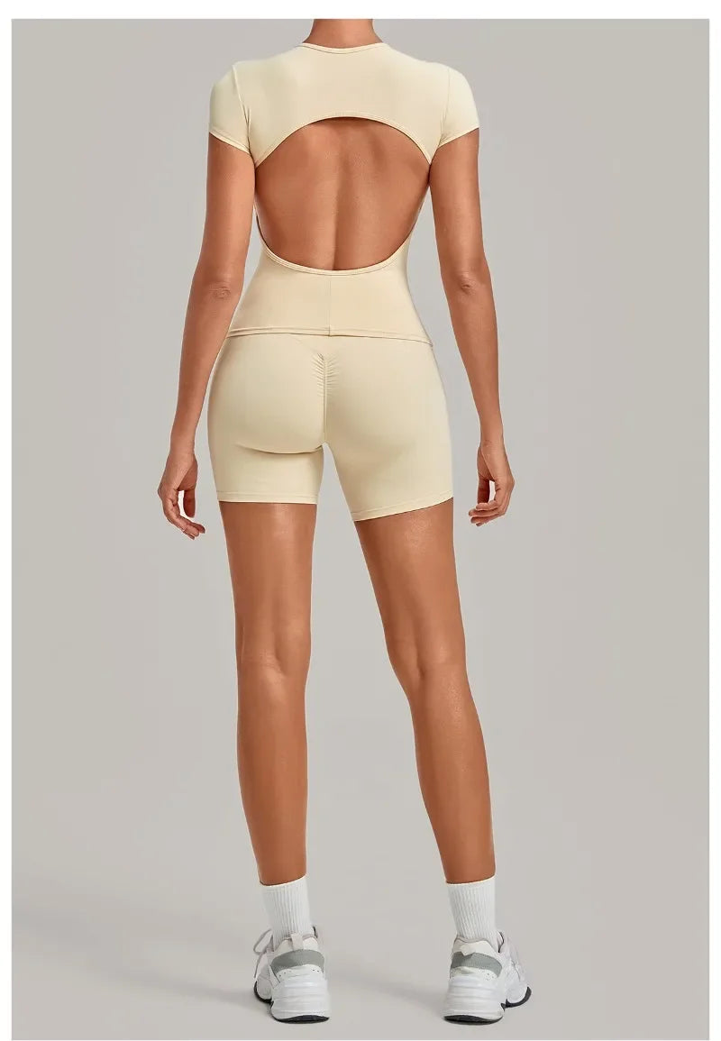 Women's Seamless Yoga Sets Sports Fitness Workout Hip-lifting High Waist Shorts Backless Short-sleeve Vest Suit Gym Training Set