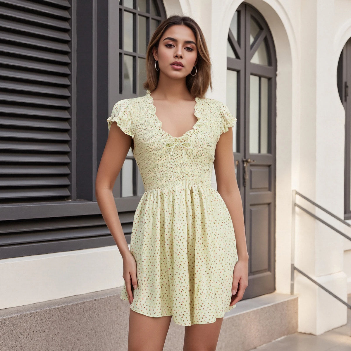 Summer Plaid Rompers Mini Dress for Women Fashion Short Sleeve Sexy Deep V Neck Smocked Waist Slim Plaid Playsuit Jumpsuits
