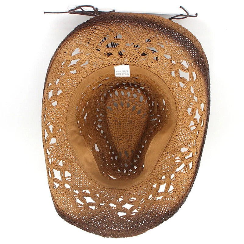 Women Cowboy Hat Creative Curled Straw Hollow Design Ethnic Style Beads Chain Decoration Shade Straw Hat Summer Sun Cap