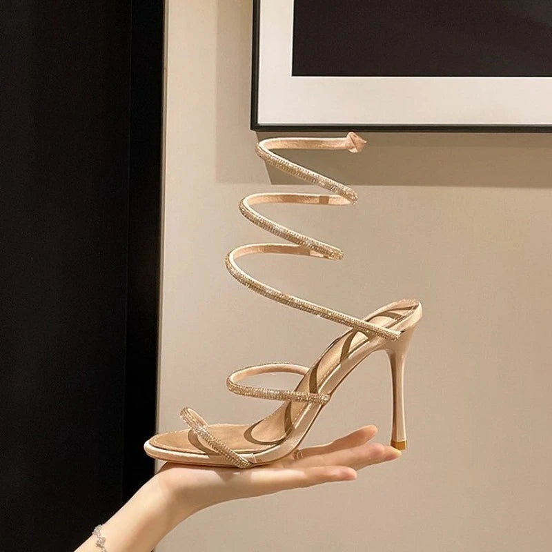 High Heels Sandals Women Shiny Ankle Snake Shaped Winding Party Shoes Sexy Thin Heels Open Toe Sandalias