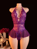 Women's Lace Bodysuit Halter Neck Deep V Backless Floral Sheer One Piece Lingerie with Ruffle Skirt for Nightwear