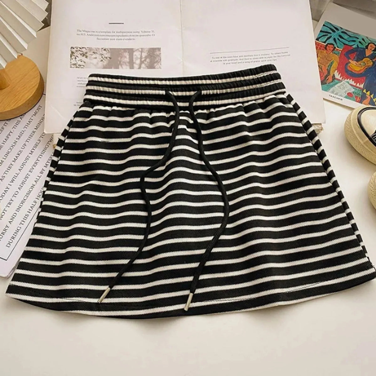 Women's Black White Striped Mini Skirt Drawstring Elastic High Waisted Sports Skirt Summer New Korean Style Sports Skirts 2026