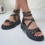 Black Pu Leather Platform Gladiator Sandals Women Summer Plus Size 43 Chunky Heels Sandles Woman 2026 Back Zipper Rome Sandalias