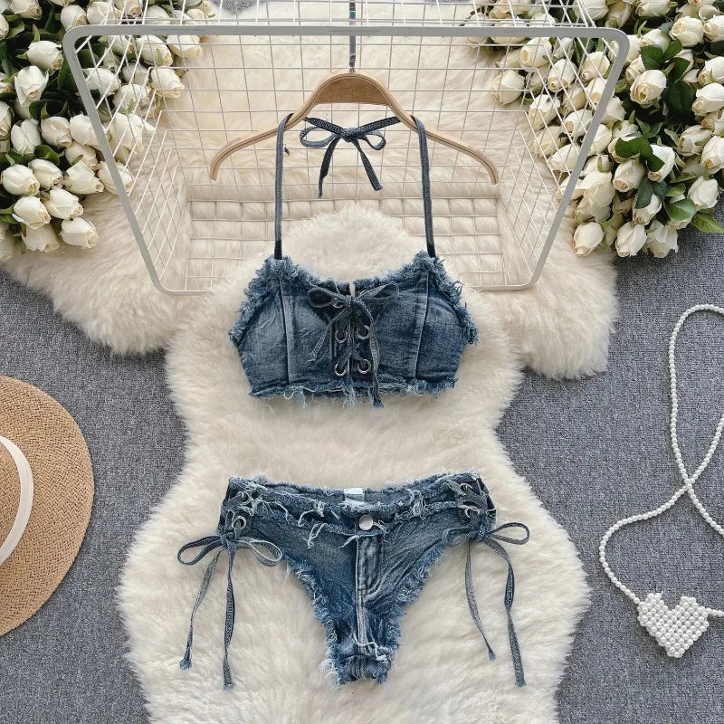 Bathing Suit Women Sexy Denim Suits Bikini Set Lace Up Drawstring Beachwear 2025 Solid Summer Vintage Two-pieces Swimwear