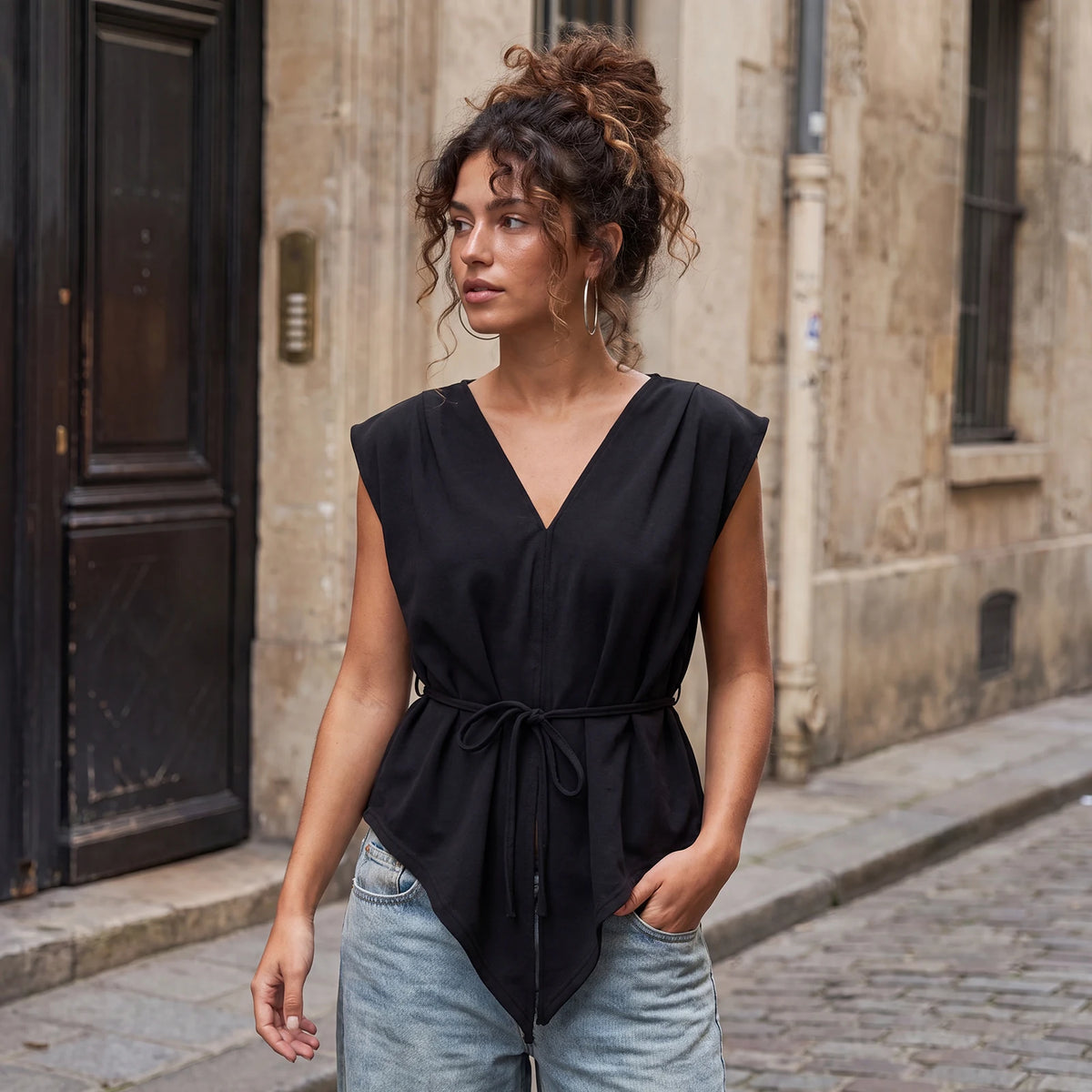 Fashion Women Sleeveless Blouse Waist Tie-ups V Neck Loose Fit Irregular Tops Club Party Street Shirts Summer Solid Color