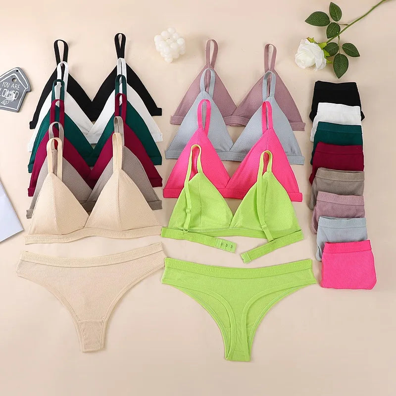 Women Cotton Bra and Panties Set Wireless Push-Up Bra Low-Waist Thongs G-string Sexy Lingerie Women's Breathable Underwear Set