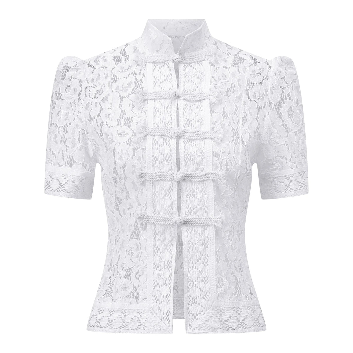 Summer Women's Retro Shirts Sheer Lace Blouse Elegant Stylish Button Down Short Sleeve Tops Casual Sexy