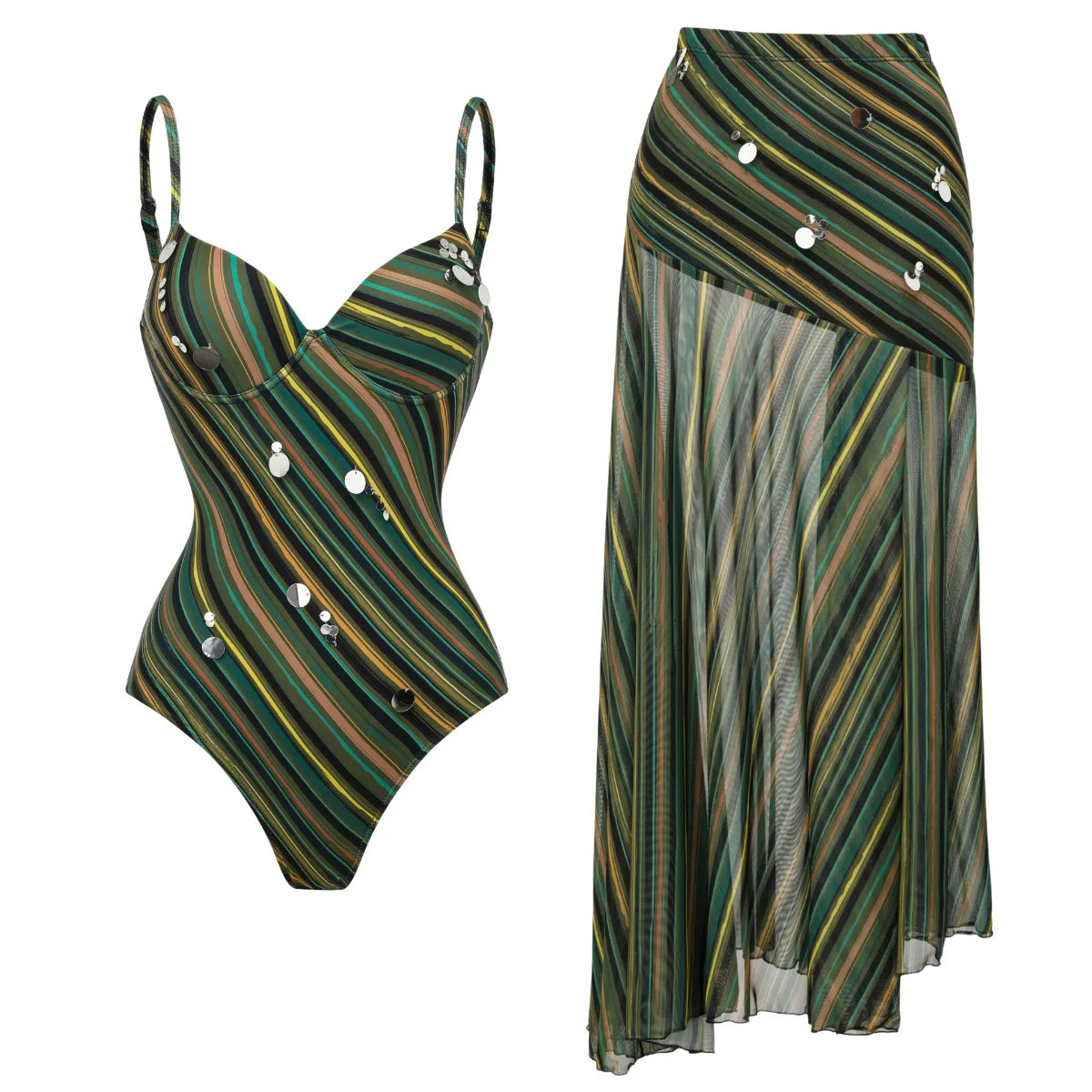 Women Swimwear 2PC Cover-up Swimsuit Ruffle Dongbei Printed Deep V One-piece Monokini Kimono Bikini Suit Summer Beachwear