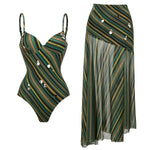 Women Swimwear 2PC Cover-up Swimsuit Ruffle Dongbei Printed Deep V One-piece Monokini Kimono Bikini Suit Summer Beachwear